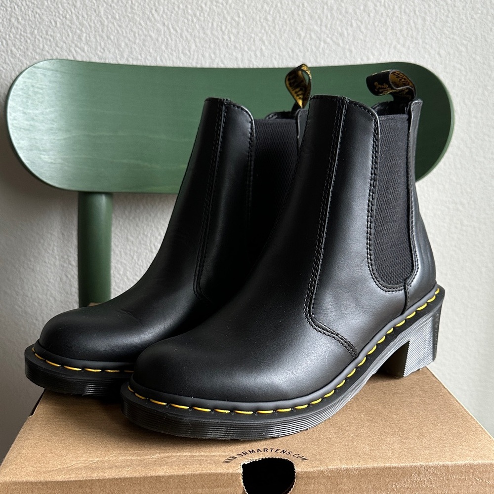 Dr. Martens Black Leather Chelsea Ankle Boots with Yellow Stitching